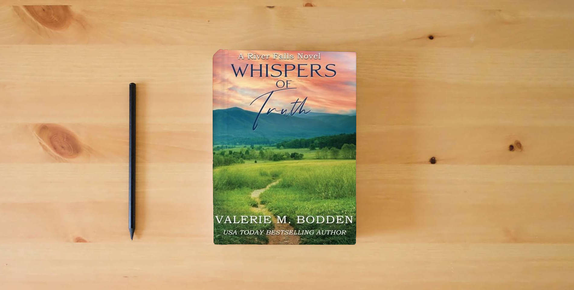 The book Whispers of Truth: A Christian Romance (River Falls) is on the table