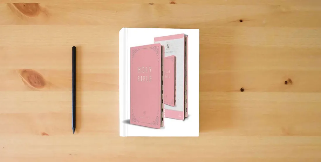 The book KJV Holy Bible, Giant Print Thinline Large format, Pink Premium Imitation Leathe r with Ribbon Marker, Red Letter, and Thumb Index} is on the table